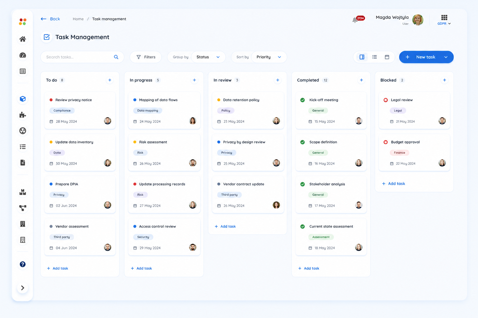 Task management board transforming compliance requirements into actionable work items